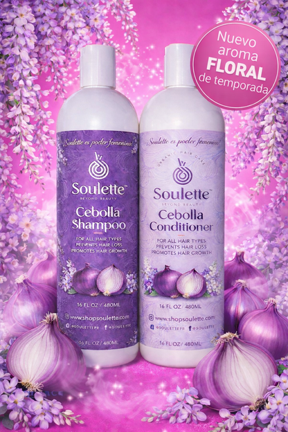 EDICIÓN ESPECIAL- Champú y acondicionador a base de cebolla con suave y rico aroma a flores.